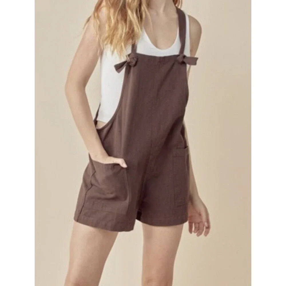 Zenana Ready Or Knot Woven Romper Brown Overall Shorts 7302A5‎ Medium